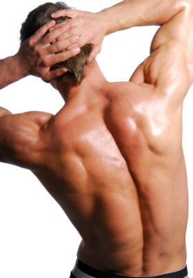 muscular man bending to left with hands behind head after hair removal